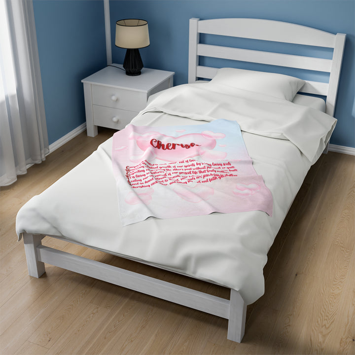 It's Just a Phrase Velveteen Plush Blanket with Acrostic Poem "Cherish" - Pink Cloud Hearts