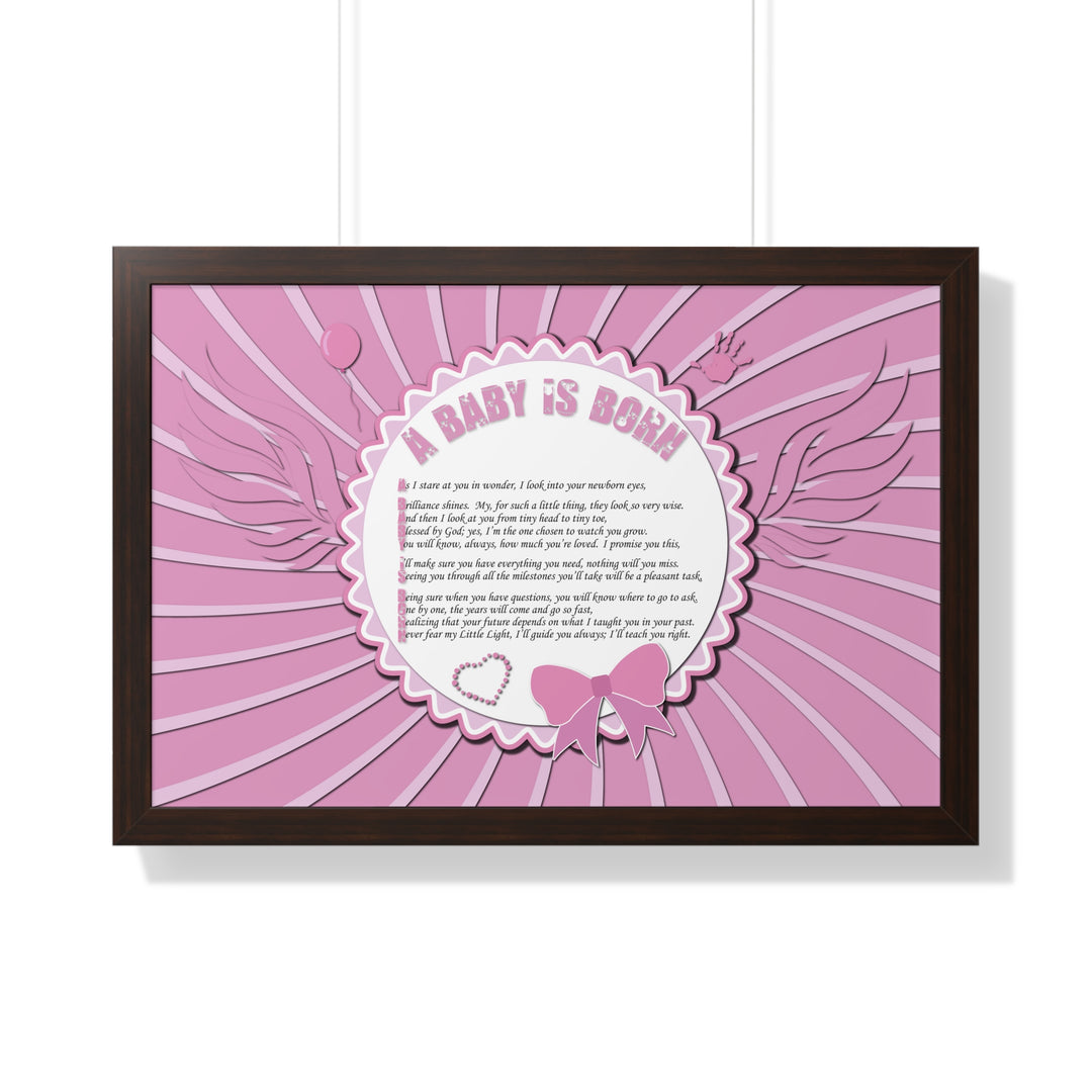 Baby Steps Acrostic Poem Framed Print "A Baby is Born" - Pink