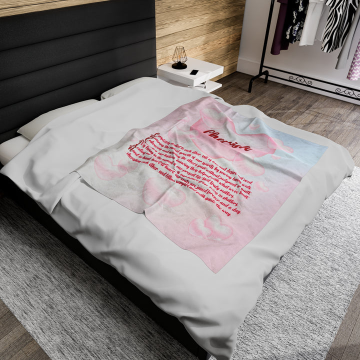 It's Just a Phrase Velveteen Plush Blanket with Acrostic Poem "Cherish" - Pink Cloud Hearts