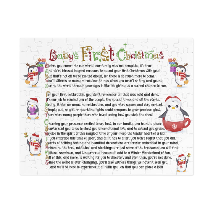 Baby's First Christmas Acrostic Poem Jigsaw Puzzle - Penguins-Christmas Items Font - Tin Box