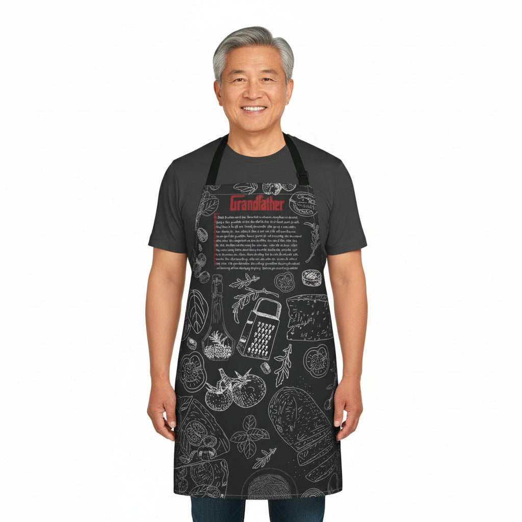 Man wearing a black apron with white graphics and text on a white background