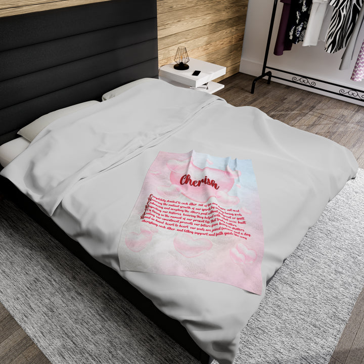 It's Just a Phrase Velveteen Plush Blanket with Acrostic Poem "Cherish" - Pink Cloud Hearts