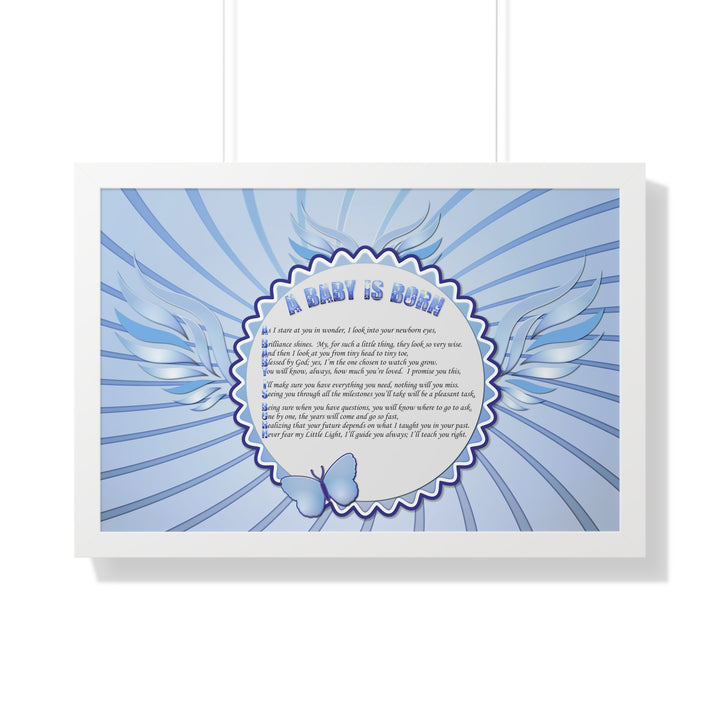 Baby Steps Acrostic Poem Framed Print "A Baby is Born "- Blue