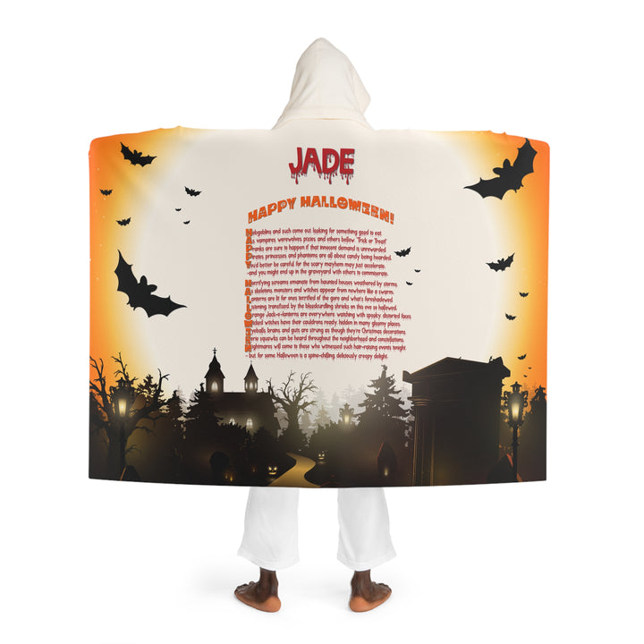Happy Halloween Acrostic Poem Hooded Sherpa Fleece Blanket - Haunted House - Personalized