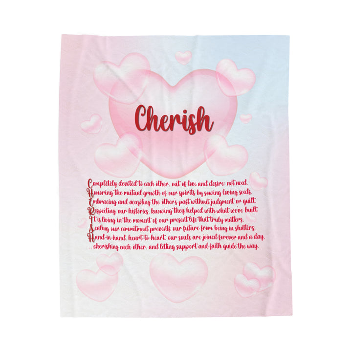 It's Just a Phrase Velveteen Plush Blanket with Acrostic Poem "Cherish" - Pink Cloud Hearts