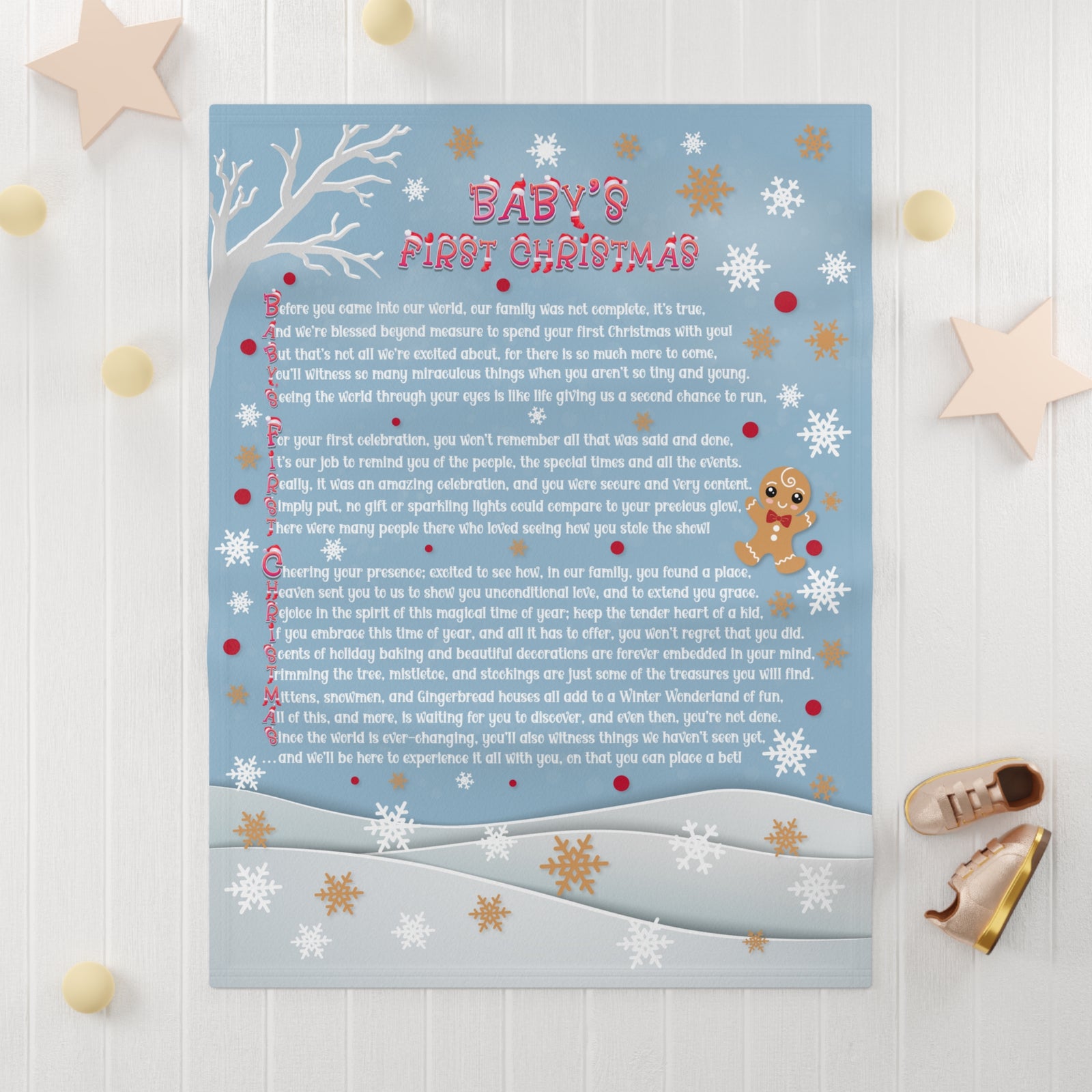 Baby's First Christmas poem on a blue background with decorative elements