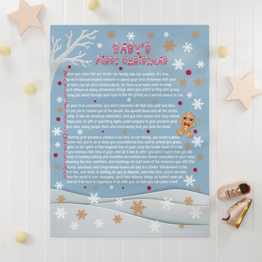Baby's First Christmas poem on a blue background with decorative elements