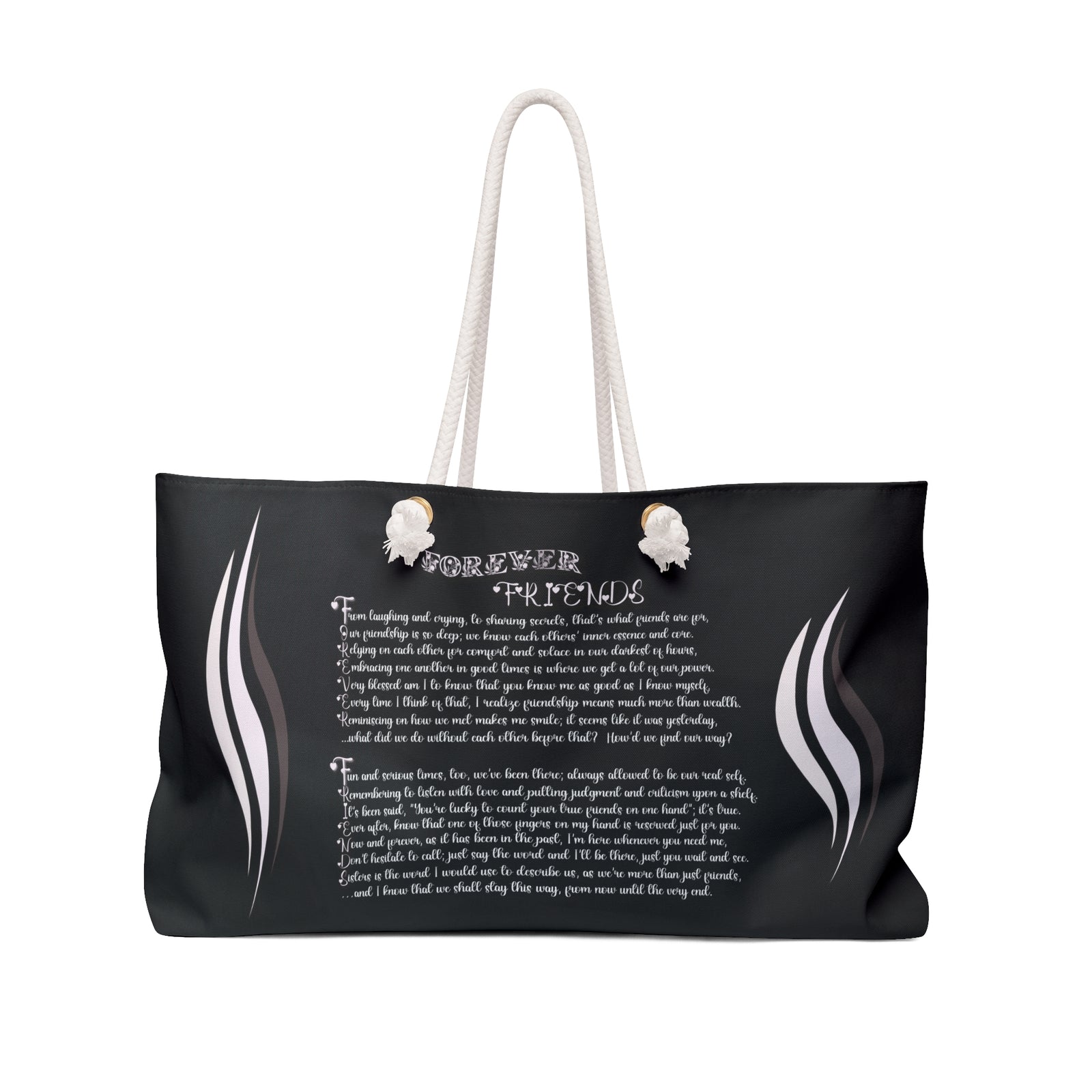 Black tote bag with white text and designs on a white background