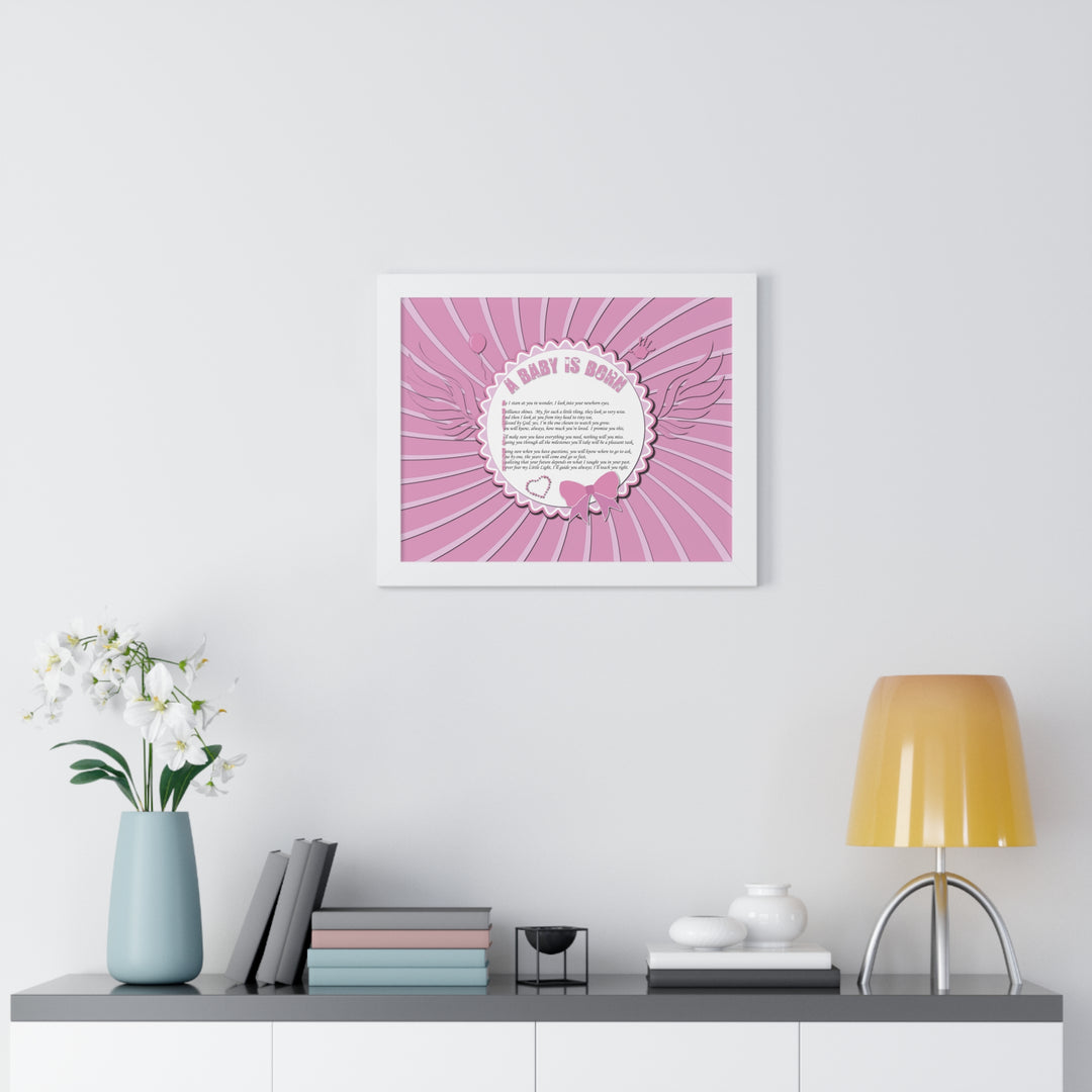 Baby Steps Acrostic Poem Framed Print "A Baby is Born" - Pink