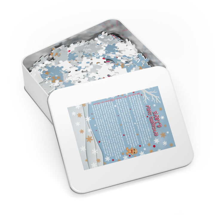 Baby's First Christmas Acrostic Poem Jigsaw Puzzle - Gingerbread - Blue - Tin Box