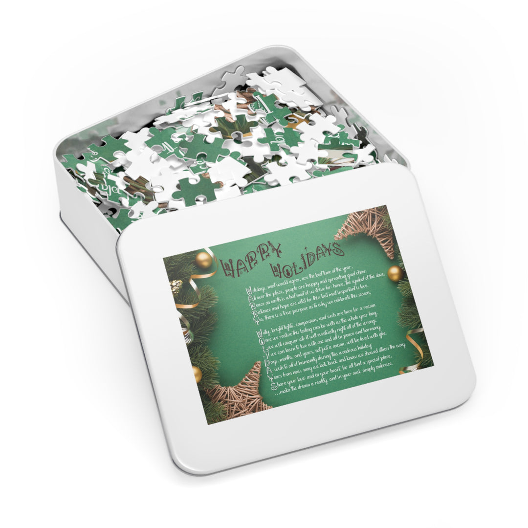 Happy Holidays Acrostic Poem Puzzle - Green Boho - Tin Box