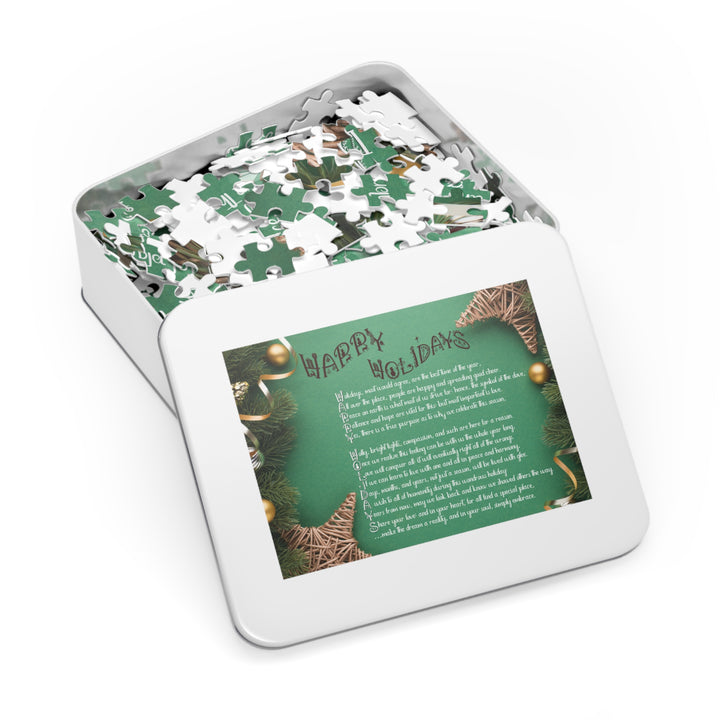 Happy Holidays Acrostic Poem Puzzle - Green Boho - Tin Box