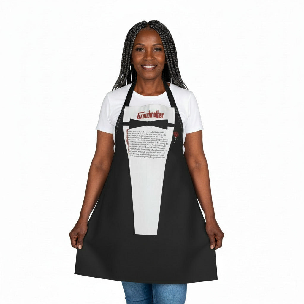 Woman wearing a black apron over a white shirt with text and graphics on a white background