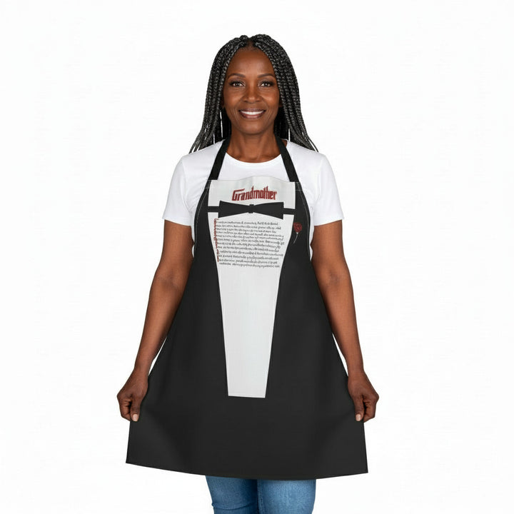 Woman wearing a black apron over a white shirt with text and graphics on a white background