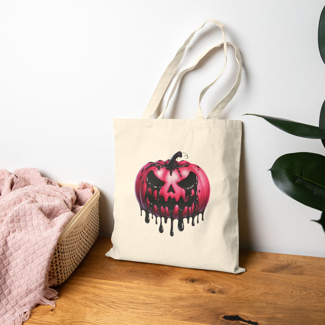 Happy Halloween Acrostic Poem Canvas Candy Tote Bag - Creepy Pink Pumpkin - No Personalization