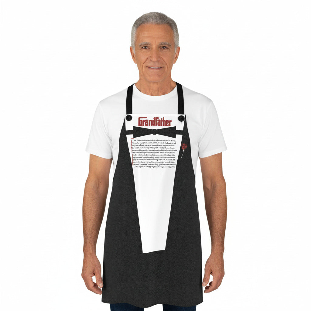 Person wearing a black apron with white bib and red text on a white background