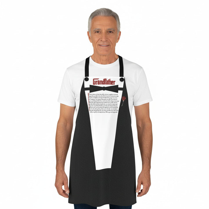 Person wearing a black apron with white bib and red text on a white background