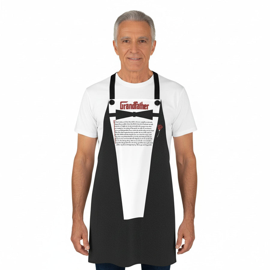 Person wearing a black apron with white bib and red text on a white background