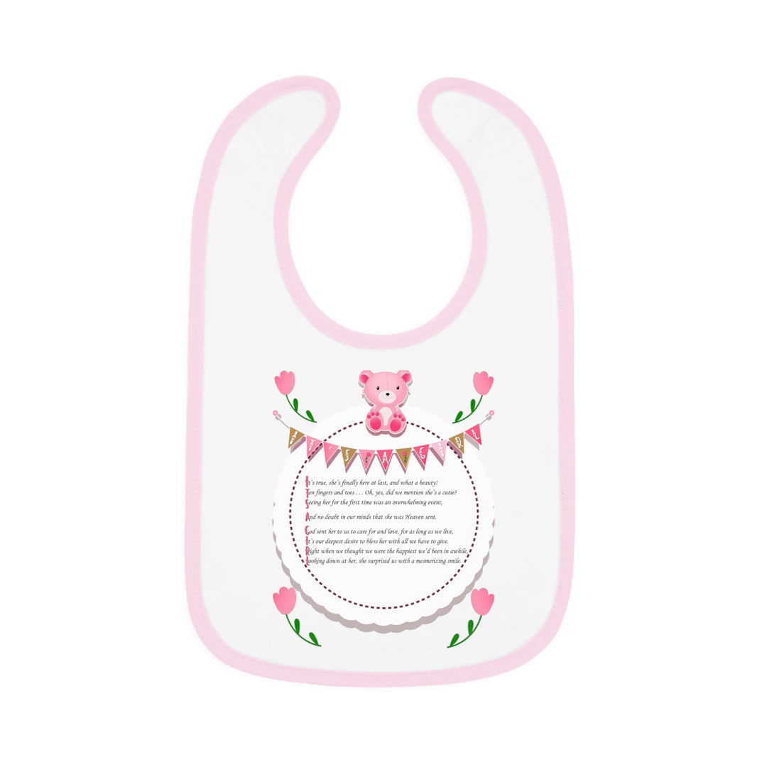 Baby Steps Acrostic Poem - Contrast Trim Jersey Bib - "It's a Girl" - Teddy Bear and Roses