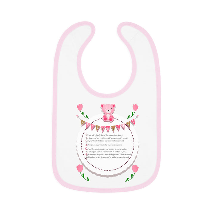 Baby Steps Acrostic Poem - Contrast Trim Jersey Bib - "It's a Girl" - Teddy Bear and Roses