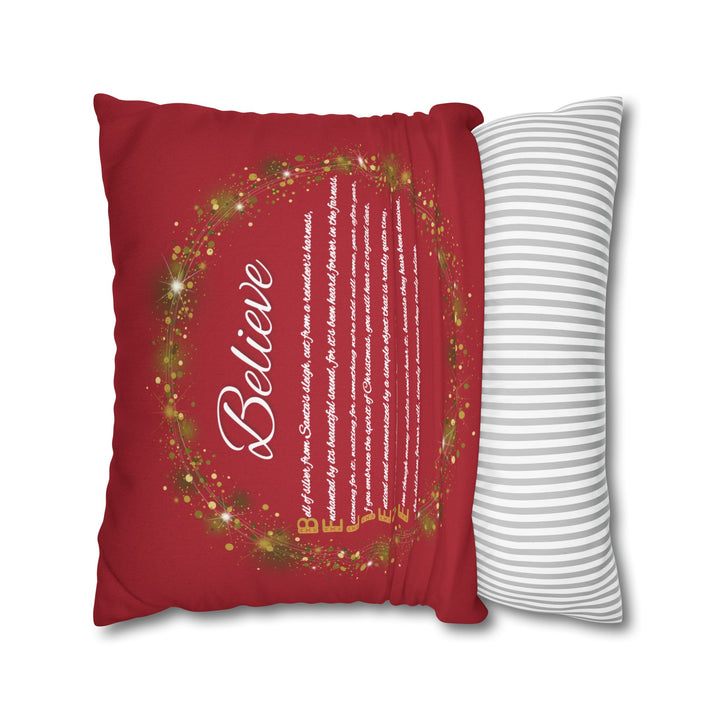 "Believe" Acrostic Poem Pillow Cover from "Learn, Lead, Believe" Collection Red