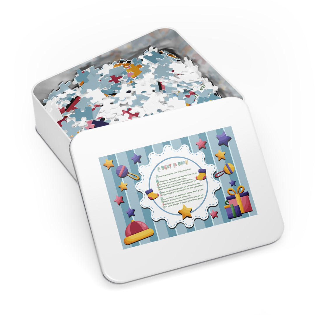 A Baby is Born Acrostic Poem Jigsaw Puzzle - Stars - Tin Box