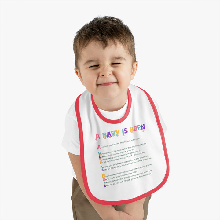 Baby Steps Acrostic Poem - Contrast Trim Jersey Bib - "A Baby is Born" Baby Items Font