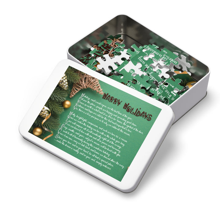 Happy Holidays Acrostic Poem Puzzle - Green Boho - Tin Box