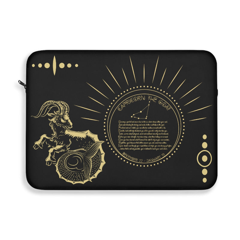 Black laptop sleeve with acrostic poem spelling out Capricorn and gold text and design on a white background