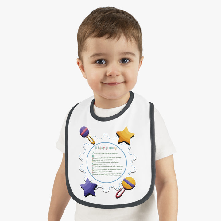 Baby Steps Acrostic Poem - Contrast Trim Jersey Bib - "A Baby is Born" - Rattles and Stars