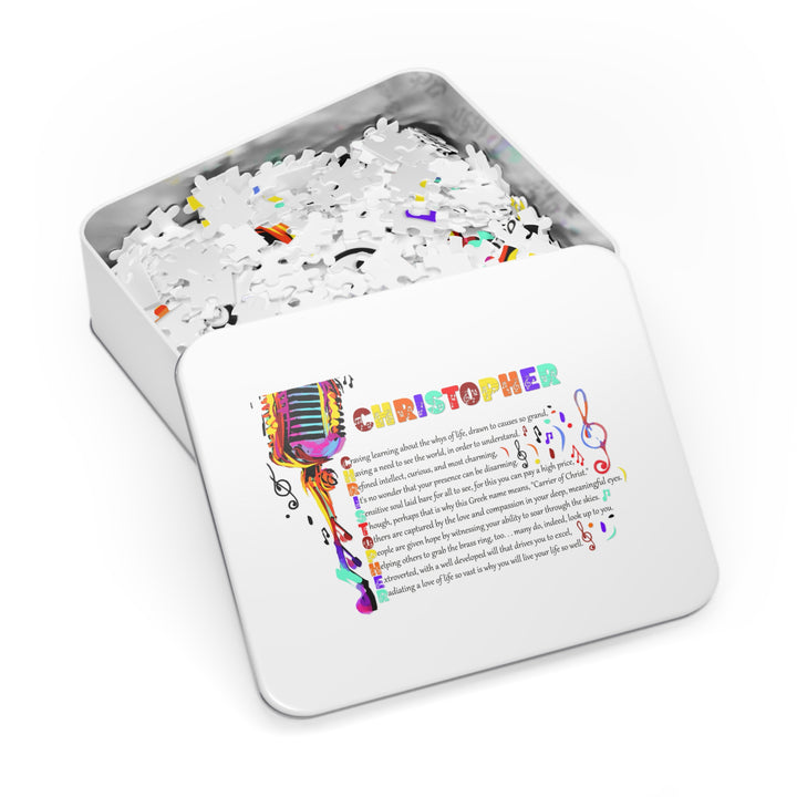Namesakes Acrostic Name Poem Jigsaw Puzzle - Musical Notes and Mic - Tin Box