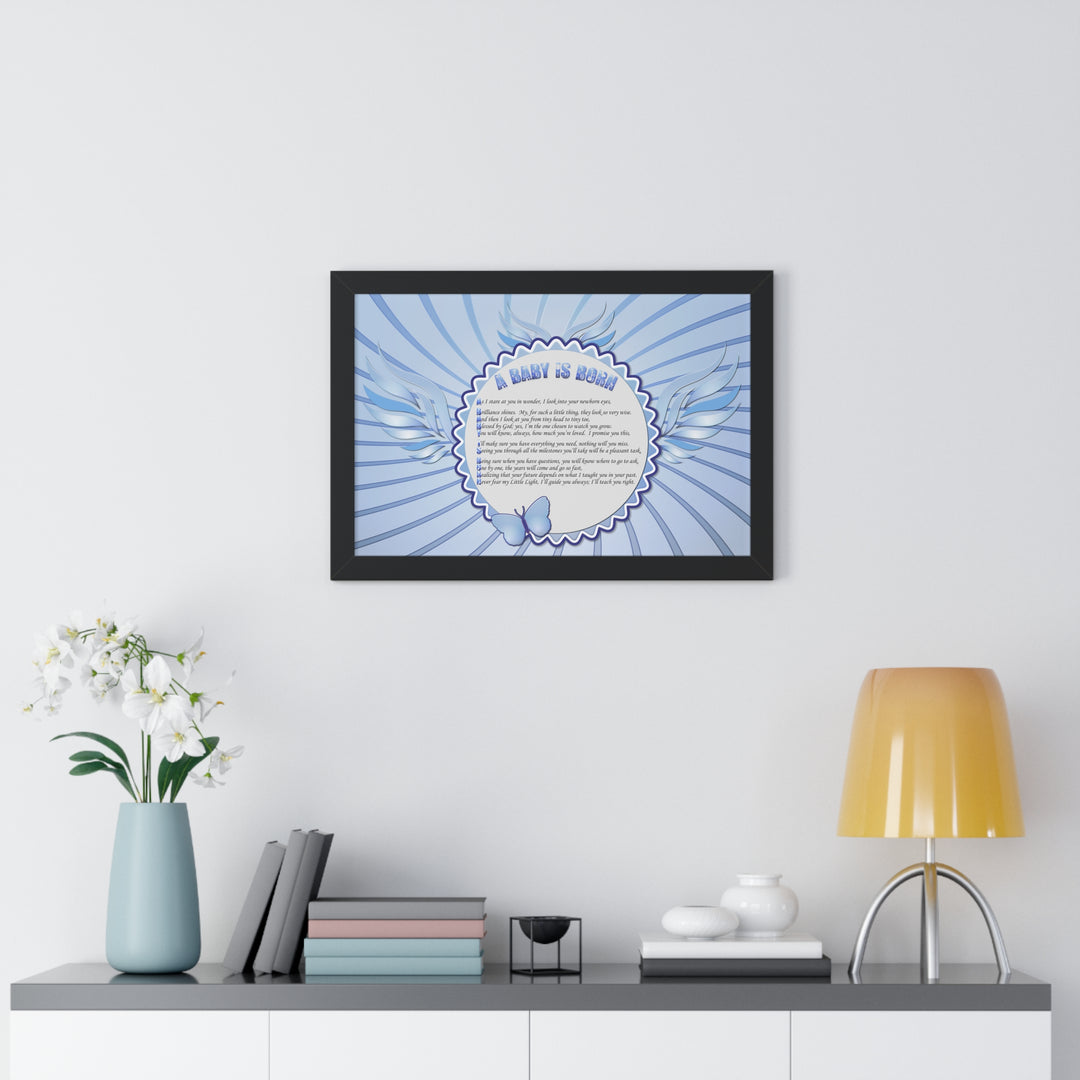 Baby Steps Acrostic Poem Framed Print "A Baby is Born "- Blue