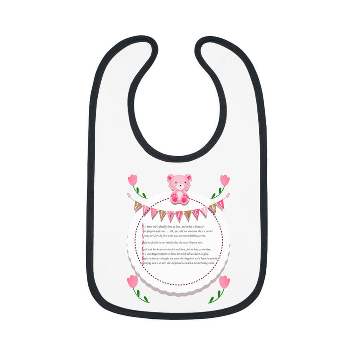 "It's a Girl" Acrostic Poem Contrast Trim Jersey Bib - Teddy Bear and Roses