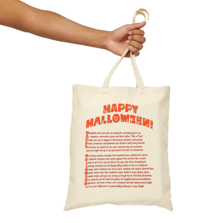 "Happy Halloween" Acrostic Poem Canvas Candy Tote Bag - Creepy Skull- No Personalization