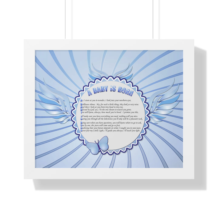 Baby Steps Acrostic Poem Framed Print "A Baby is Born "- Blue