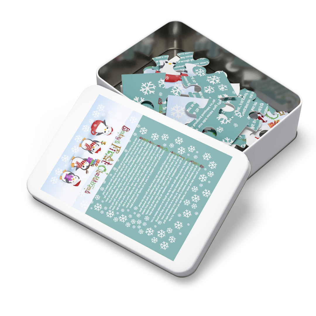 Baby's First Christmas Acrostic Poem Jigsaw Puzzle - Gingerbread - Penguins - Tin Box