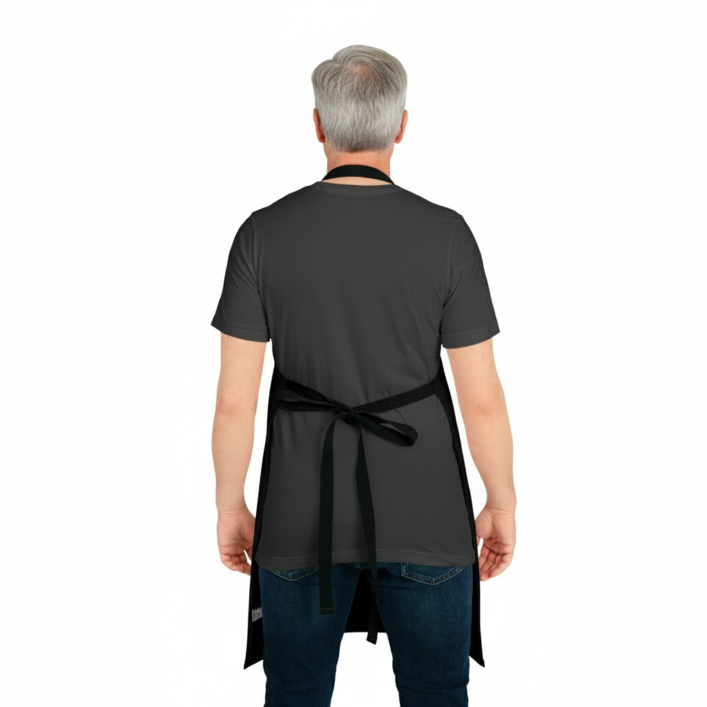 Person wearing a black apron on a white background