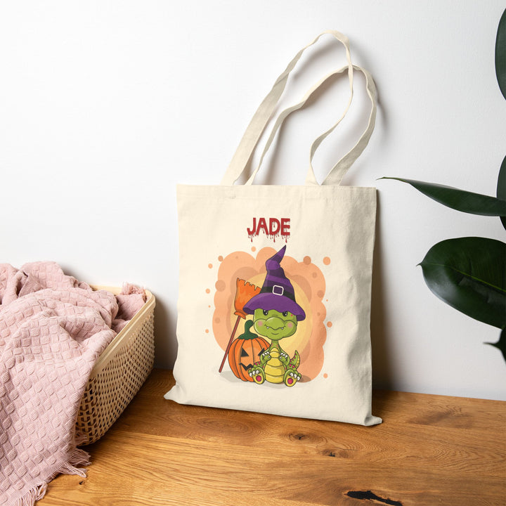"Happy Halloween" Acrostic Poem Canvas Candy Tote Bag - Baby Dragon - Personalized