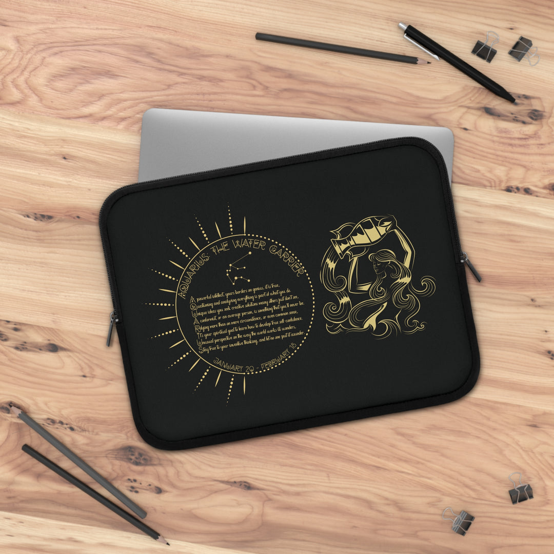 Aquarius Acrostic Poem Neoprene Laptop Sleeve - Solid Black Back