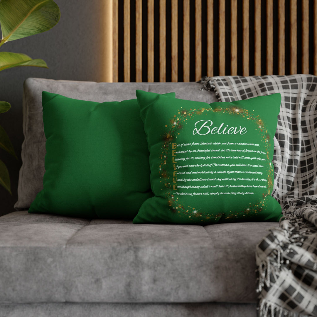 "Believe" Acrostic Poem Pillow Cover from "Learn, Lead, Believe" Collection - Green