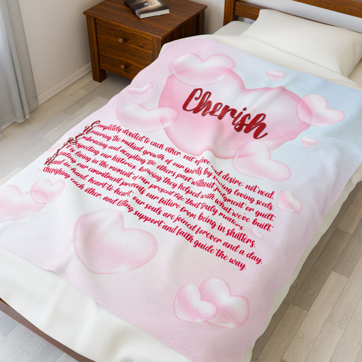 Cherish Acrostic Poem Velveteen Plush Blanket - Hearts-Clouds