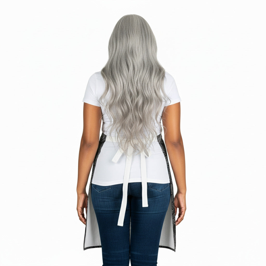 Person wearing a white apron over a white shirt and blue jeans on a white background