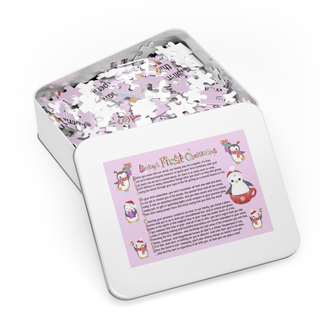 Baby's First Christmas Acrostic Poem Jigsaw Puzzle - Penguins - Lavender - Tin Box