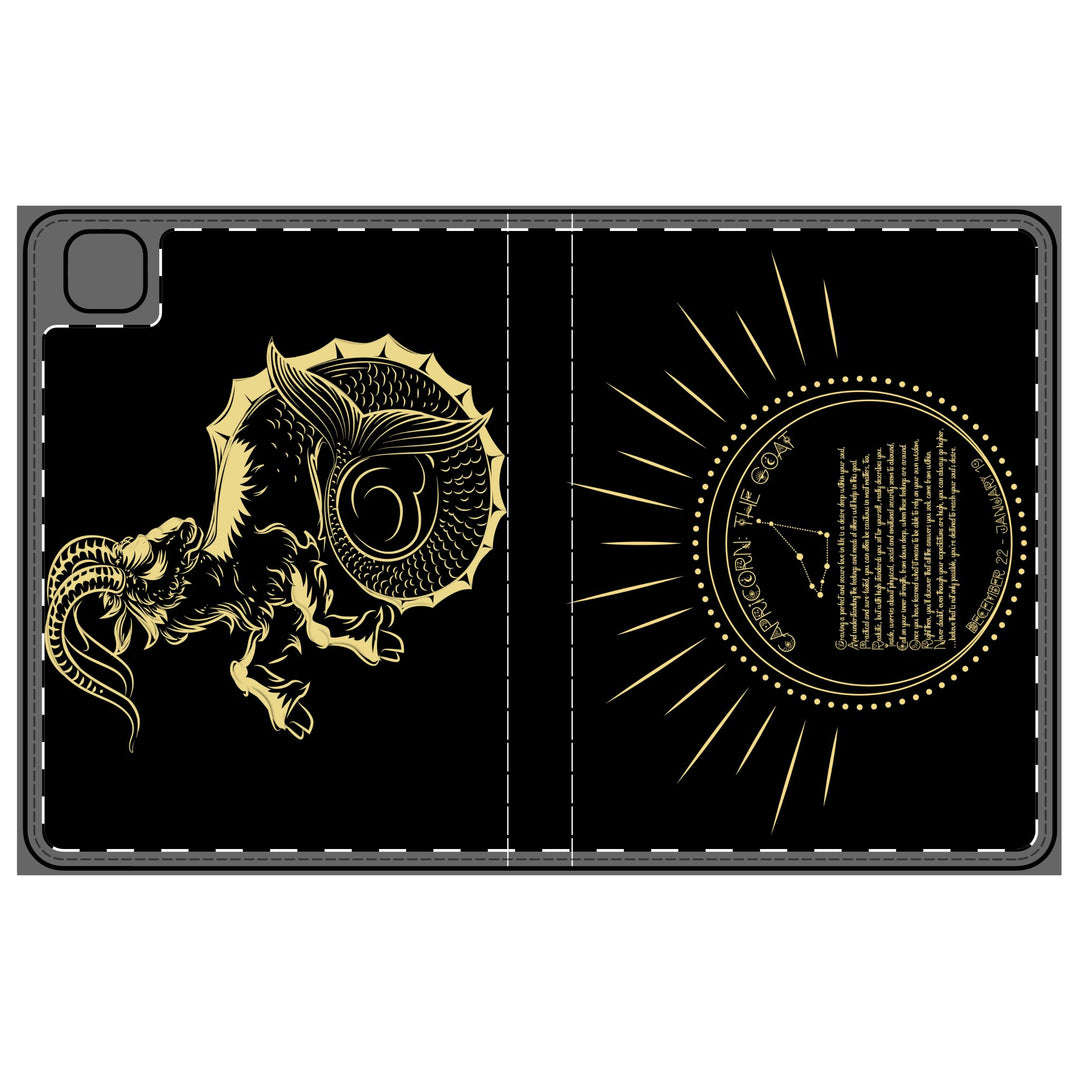 Black iPad case with gold Capricorn sign and Acrostic poem on black background