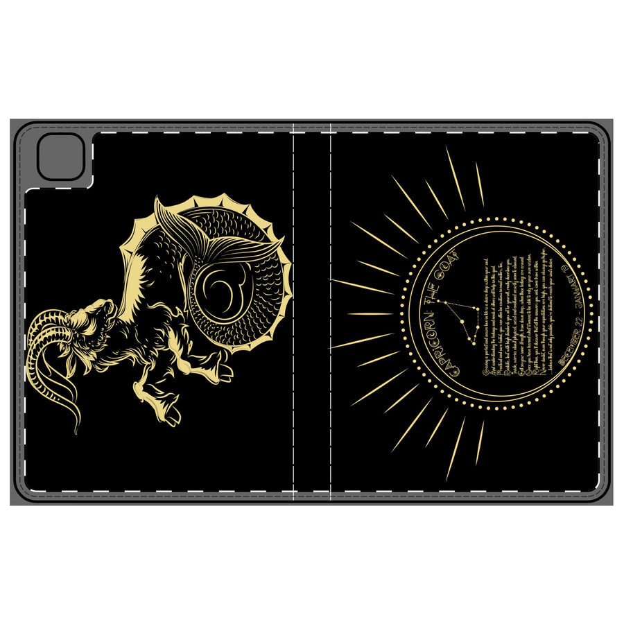Black iPad case with gold Capricorn sign and Acrostic poem on black background