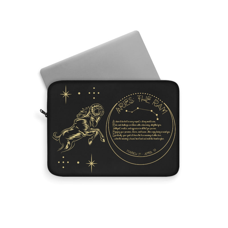 Laptop sleeve with acrostic poem spelling out Aries zodiac design on a white background