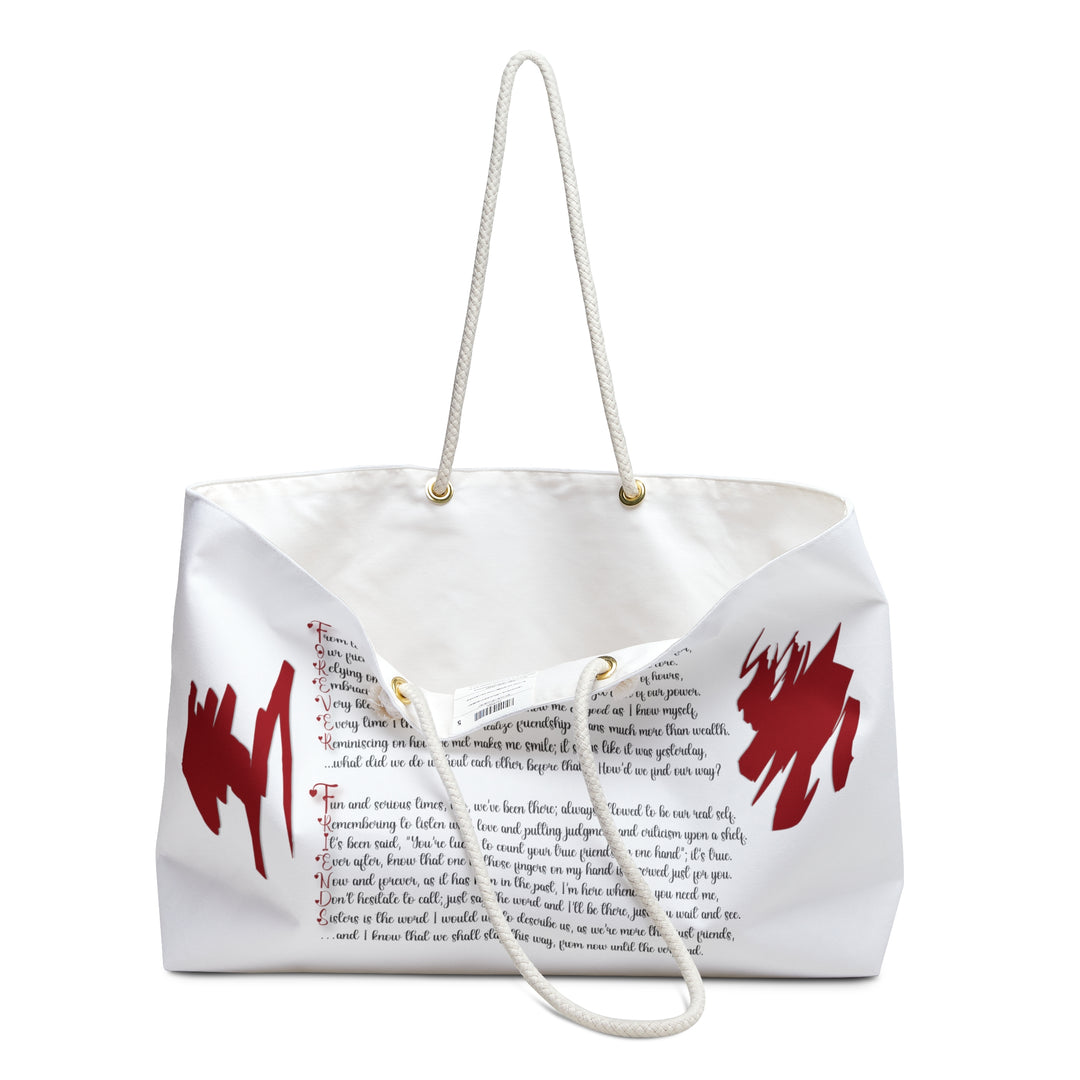 White and Red Weekender Tote Bag with Acrostic Poem Spelling Out "Forever Friends"
