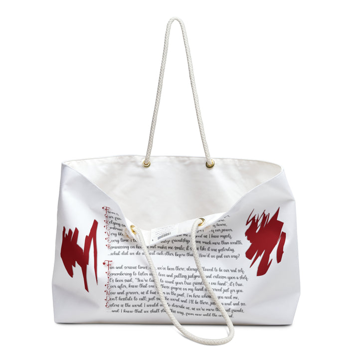 White and Red Weekender Tote Bag with Acrostic Poem Spelling Out "Forever Friends"