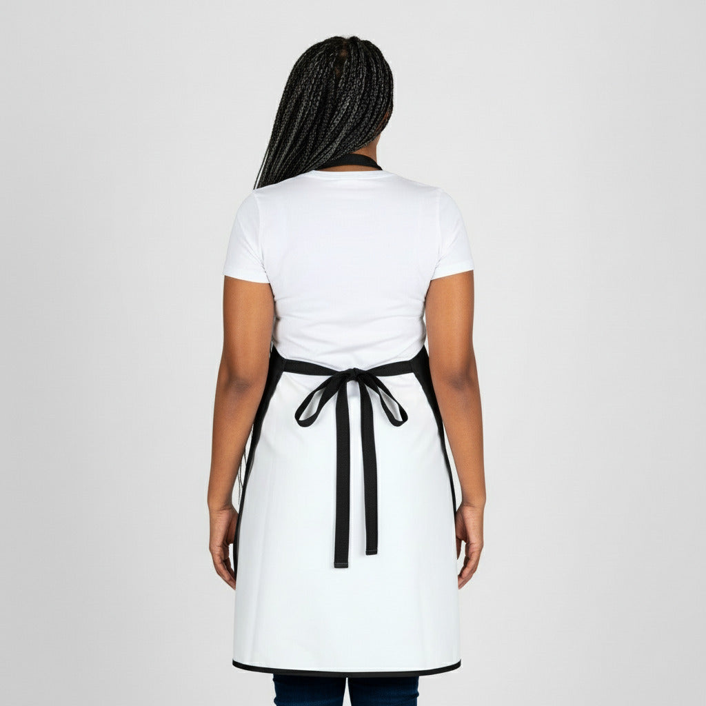 Person wearing a white apron with a black belt on a white background