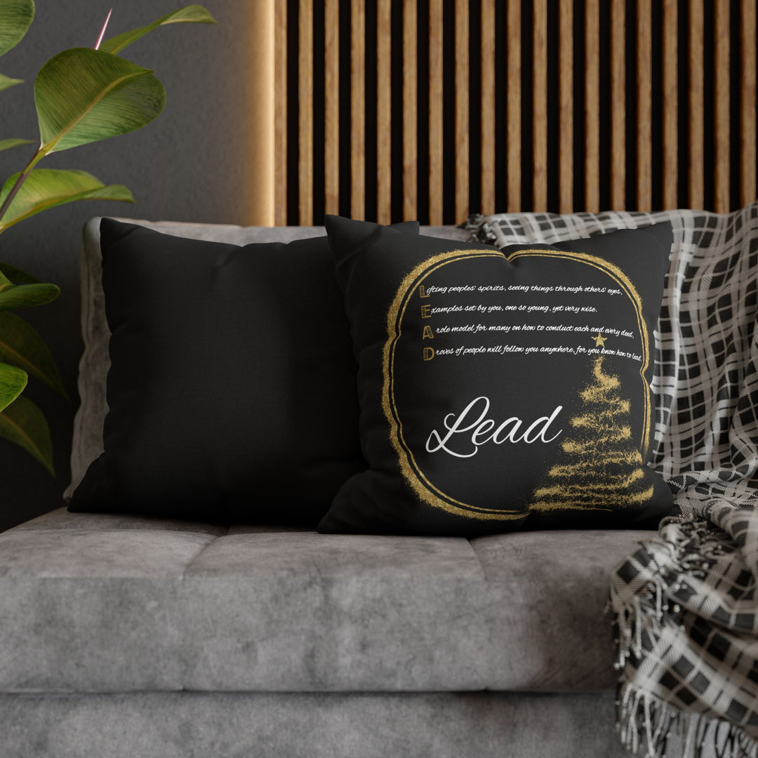 "Lead" Acrostic Poem Pillow Cover from "Learn, Lead, Believe" Collection - Black